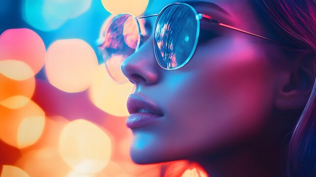 Close-up of a woman's face with colorful neon lights reflecting in her sunglasses.