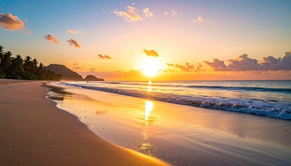 Obraz premium Golden Hour Sunset Over Tropical Beach With Palm Trees And Gentle Waves Reflecting Warm Sunlight On The Sand