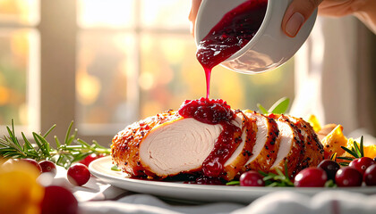 Festive sliced turkey breast being drizzled with cranberry sauce ready for a joyful holiday celebration feast with family and friends