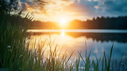 Closeup of grass growing by a lake, sunset with reflection in the water.