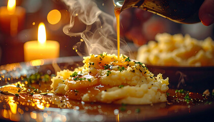 Savor the Season with Creamy Mashed Potatoes and Rich Gravy, Perfect for Holiday Gatherings and Cozy Family Meals, a Delicious Comfort Food Classic