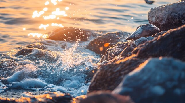Close-up of foamy waves crashing on rocky shoreline at sunset.