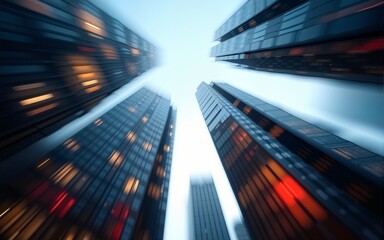 Fototapeta premium Abstract view looking up at tall buildings with colorful light and motion blur. High quality