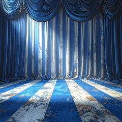 A vintage-style stage background, featuring blue and white striped curtains. Wooden floors reflect the light creating an elegant backdrop