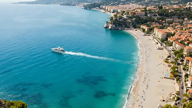 Aerial View of a Luxury Yacht Sailing Along the Coastline of Villefranche-sur-Mer France