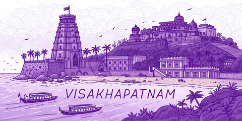 Visakhapatnam Skyline Sketch with Kailasagiri Hill, RK Beach, and INS Kursura Submarine – Cultural Line Art for Tourism, Print, Poster, and Souvenir Use