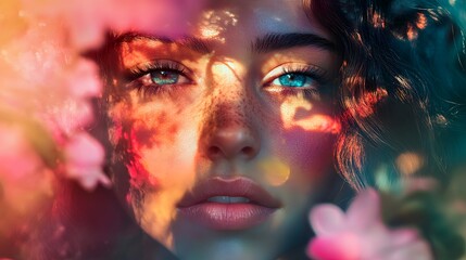 Fototapeta premium Close-up portrait of a young woman with blue eyes and freckles, illuminated by colorful light through leaves.