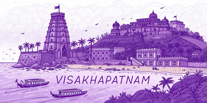 Visakhapatnam Skyline Sketch with Kailasagiri Hill, RK Beach, and INS Kursura Submarine &ndash; Cultural Line Art for Tourism, Print, Poster, and Souvenir Use