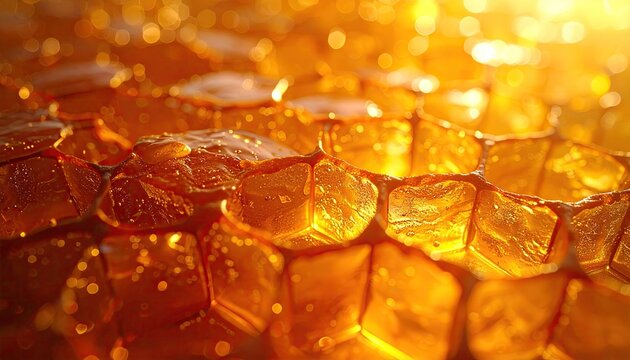 Close-up abstract view of honeycomb cells filled with golden honey illuminated by warm sunlight creating a bokeh effect