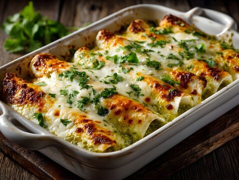Delicious enchiladas with green sauce are baked in a white dish and garnished with fresh cilantro leaves.