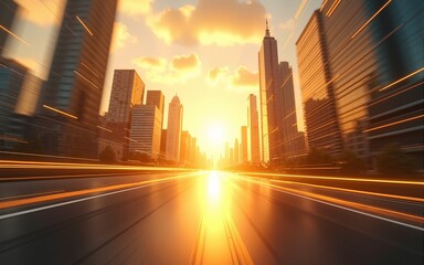 Abstract futuristic cityscape with a dynamic zoom blur effect, looking up towards a bright sun between golden skyscrapers, symbolizing speed and progress. High quality