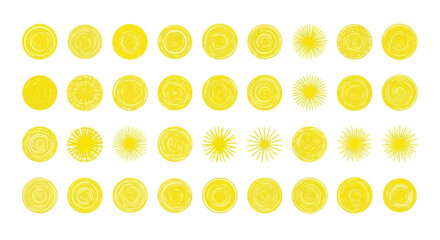 A set of yellow circular shapes and sunbursts with a textured, watercolorlike appearance, arranged in rows on a clean, suggesting warmth and light