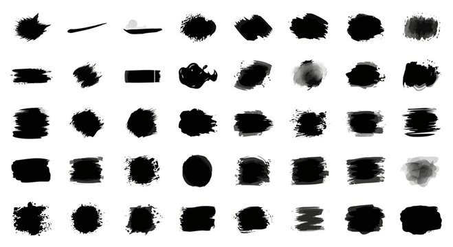 A collection of black ink brush strokes and splatters of various shapes and sizes, presented on a, offering a versatile set of artistic elements
