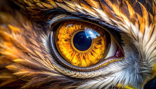 Close up extreme macro view of a bird of prey eye showing intricate feather details and golden iris with reflection of sky and clouds soft daylight lighting shallow depth of field