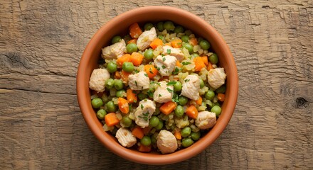 Overhead view of chicken and vegetable meal