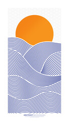 Abstract minimalist illustration of a sunset over the ocean. Japanese Art. Ocean wave concept.