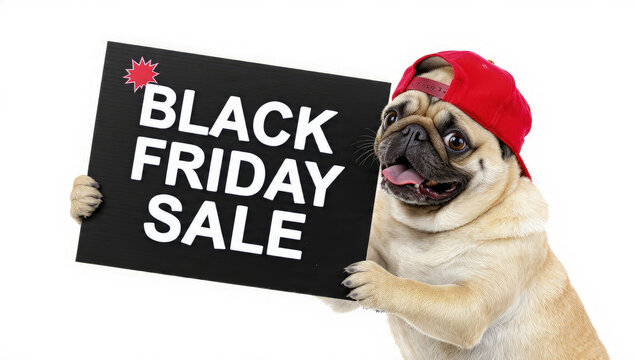 Cute pug dog wearing a red cap, holding a black sign with black friday sale text, isolated on white background - Powered by Adobe