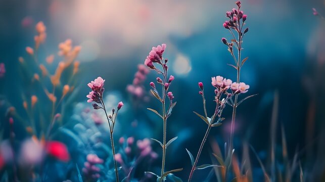 Delicate pink wildflowers bloom in a field with a soft, blurred background of warm light. - Powered by Adobe