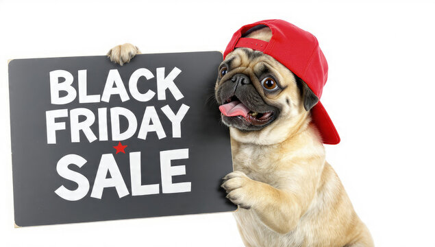 Funny pug dog with a red cap holding a black friday sale sign, isolated on white background