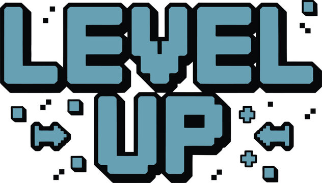 Pixelated "Level Up" Text with Gaming Icons