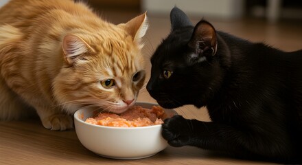 Cats eating food together