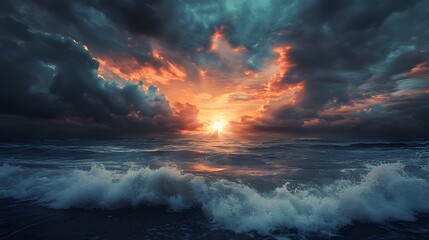 Dramatic sunset over a stormy sea with waves crashing on the shore.