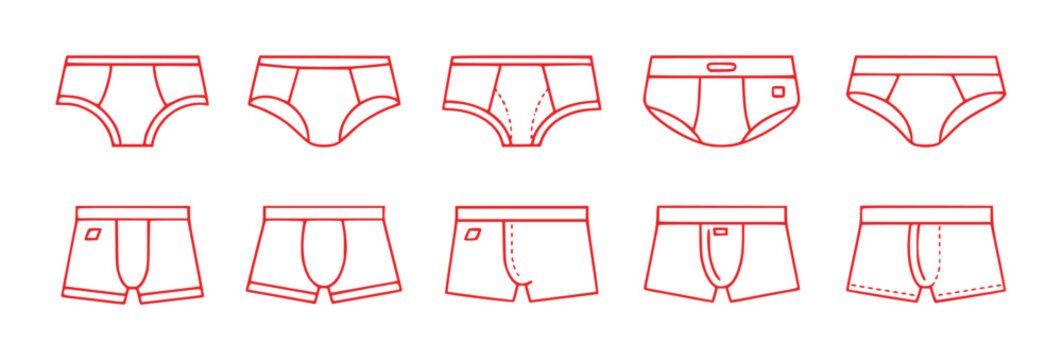 Collection of Men's Underwear Styles in Red Outline Icons