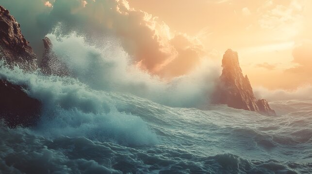Dramatic sunset over a stormy sea with crashing waves and rocky cliffs.