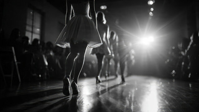 Black and white image of ballerinas on stage with dramatic lighting, performing in front of an audience