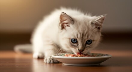 Kitten eating from a plate