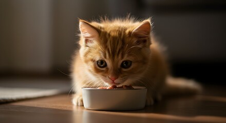 Ginger kitten eating from a bowl