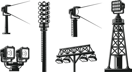 Silhouettes of stadium and industrial floodlight towers, vector illustration of outdoor lighting structures for large-scale illumination and infrastructure