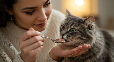 Woman feeding cat with spoon