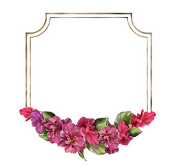 Watercolor square frame with golden outline and pink-violet violets at the bottom composition on white background, suitable for greeting cards, templates, wedding invitations and decorative posters