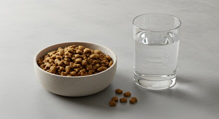 Cat food bowl and water glass on neutral surface