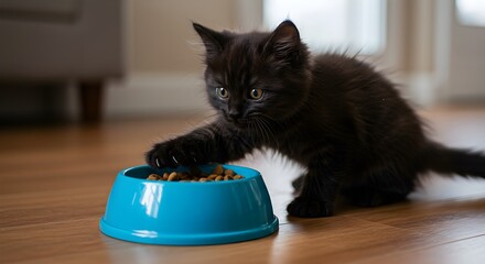Black kitten interacting with blue bowl