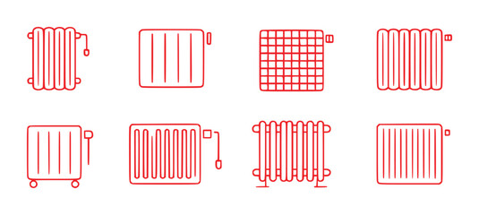 Collection of Red Line Art Icons Representing Various Radiator Designs