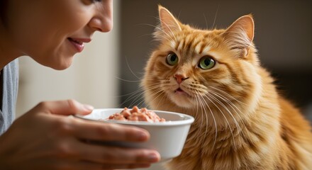 Woman feeding ginger cat