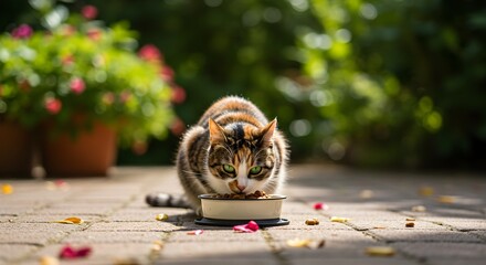 Cat eating from bowl outdoors