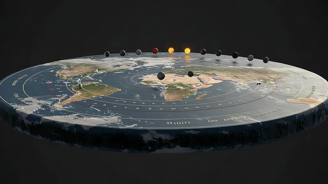 Flat Earth model demonstrates day and night cycle, sun and moon trajectory around the Earth disc,