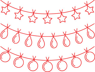 Festive Red Outline Garlands: Stars, Teardrops, and Orbs on White Background