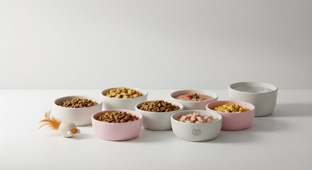 Cat food bowls with water bowl and toy on white surface