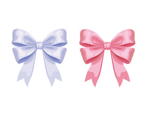 Two glossy ribbon bows in pastel pink and blue, symbolizing elegance, charm, and celebration for gifts or decorations.