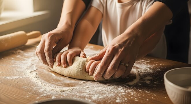 Parent and Child Kneading Dough Together on a Floured Kitchen Table
