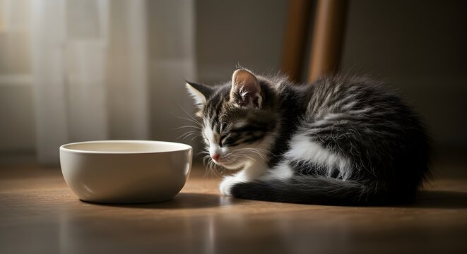Kitten resting near empty bowl - Powered by Adobe