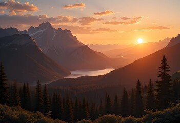 Golden sunset over mountain lake with pine forest and snow-capped peaks