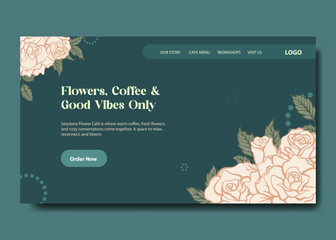 Minimalist Floral landing page with rose flower ornament and deep emerald colors