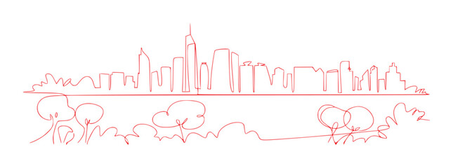 Minimalist Red Line Art of a City Skyline and Park Landscape