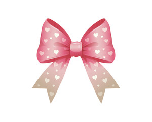 Cute pink ribbon bow decorated with white heart patterns, symbolizing love, sweetness, and romantic gift decoration.