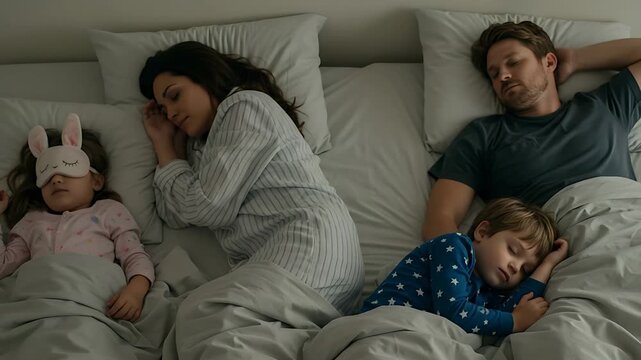 Happy family sleeping together in bed at home, a scene of parental love and peaceful sleep